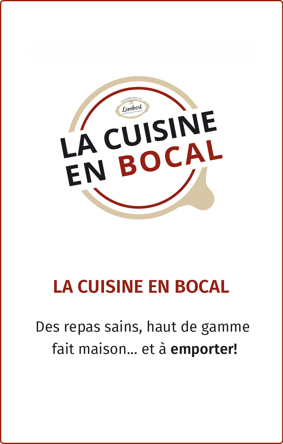 Logo Maison Lembert pour la gamme Cuisine en Bocal, symbolisant des entrées, plats et desserts artisanaux prêts à consommer dans des bocaux en verre.