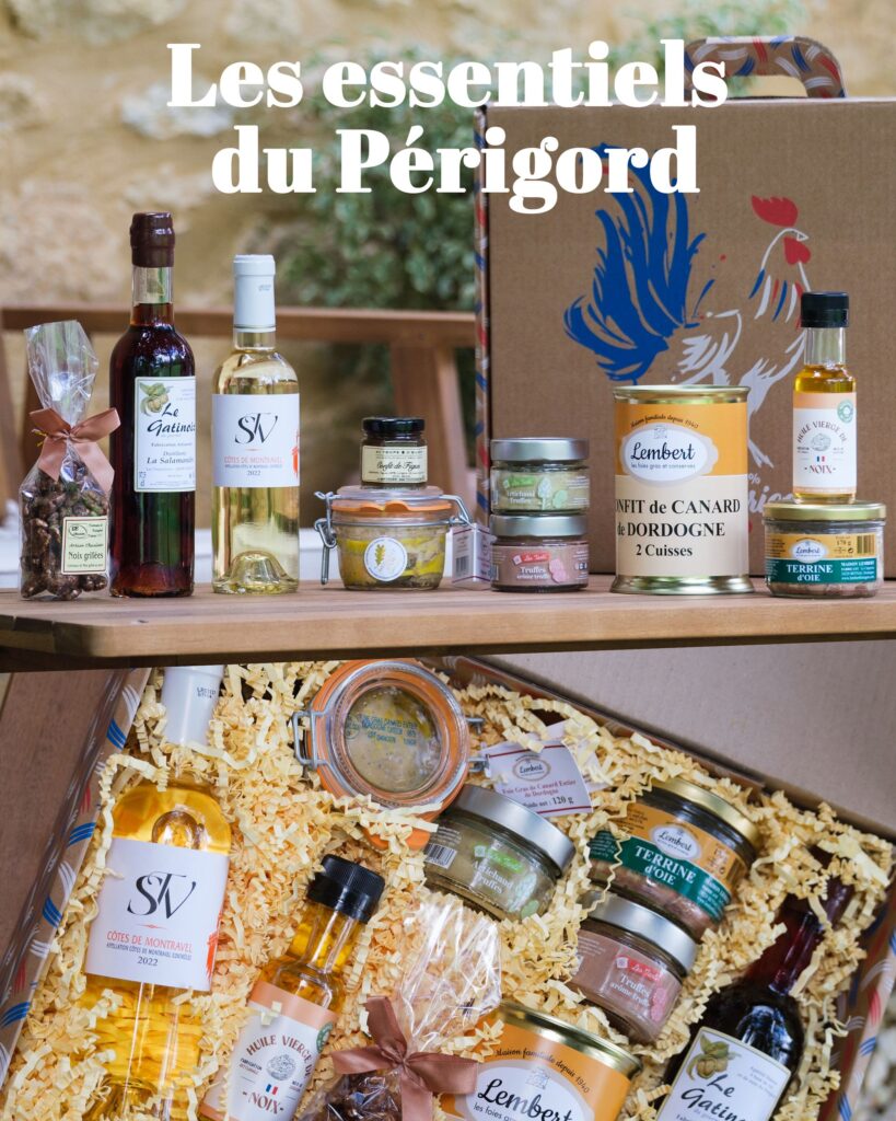 Colis Les essentiels du Périgord XXL avec foie gras de canard, confit, terrines, noix, vin et spécialités artisanales du Sud-Ouest