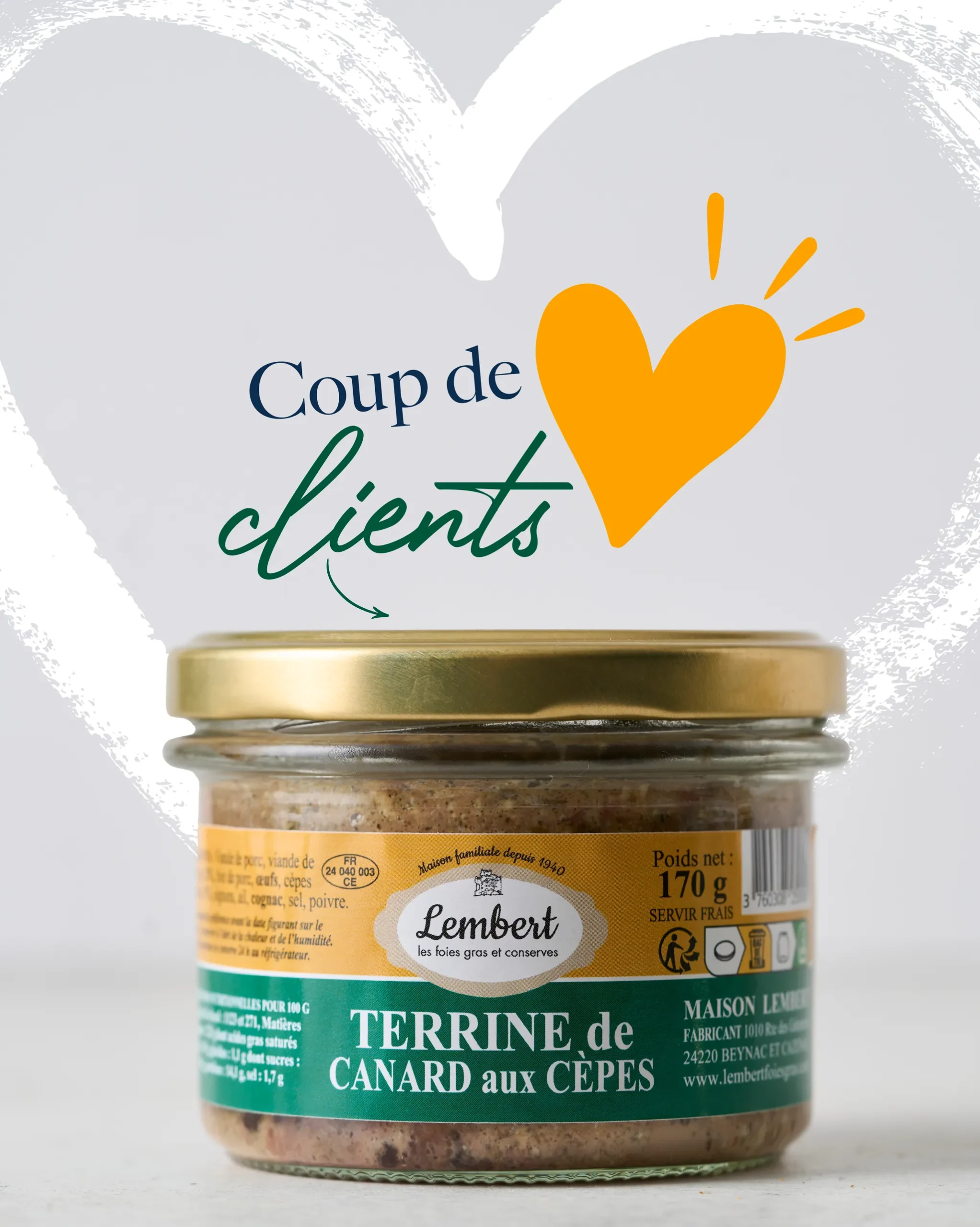 Terrine de canard aux cèpes Maison Lembert, spécialité artisanale du Périgord, coup de cœur des clients.