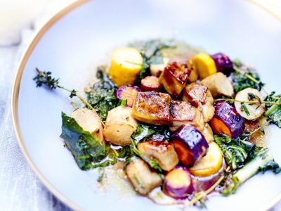 Eclats de foie gras poêlé accompagné de légumes au miel, idée de légume avec le foie gras poêlé