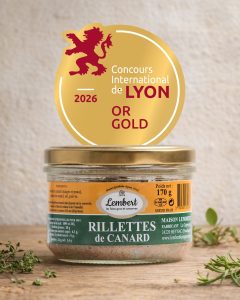 Médaille d’or du Concours International de Lyon 2025 récompensant les rillettes de canard Maison Lembert.