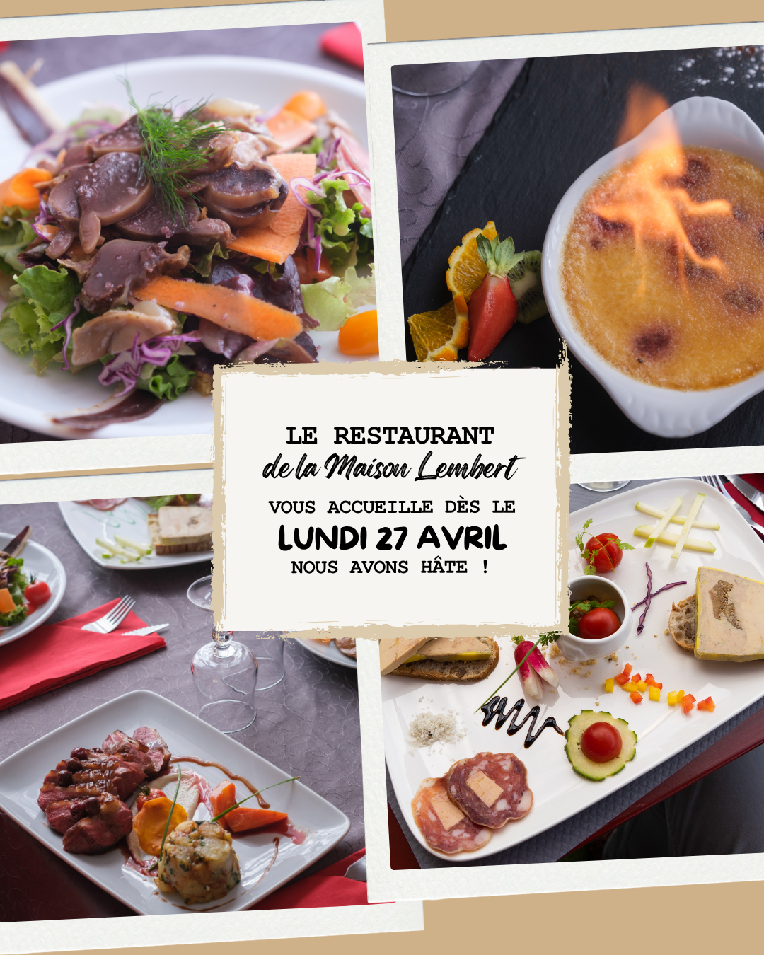 Restaurant Beynac réouverture : salade périgourdine, magret, foie gras de canard mi-cuit de la Maison Lembert