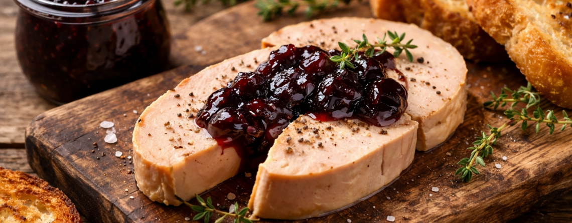 Quelle confiture avec le foie gras ? Foie gras de canard accompagné d’une confiture de cerises noires sur pain grillé.
