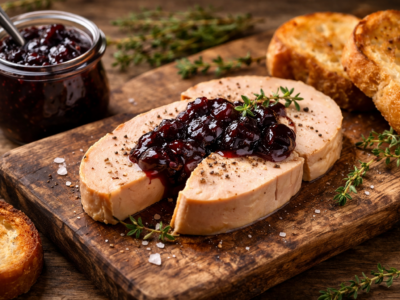 Quelle confiture avec le foie gras ? Foie gras de canard accompagné d’une confiture de cerises noires sur pain grillé.