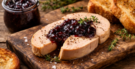Quelle confiture avec le foie gras ? Foie gras de canard accompagné d’une confiture de cerises noires sur pain grillé.