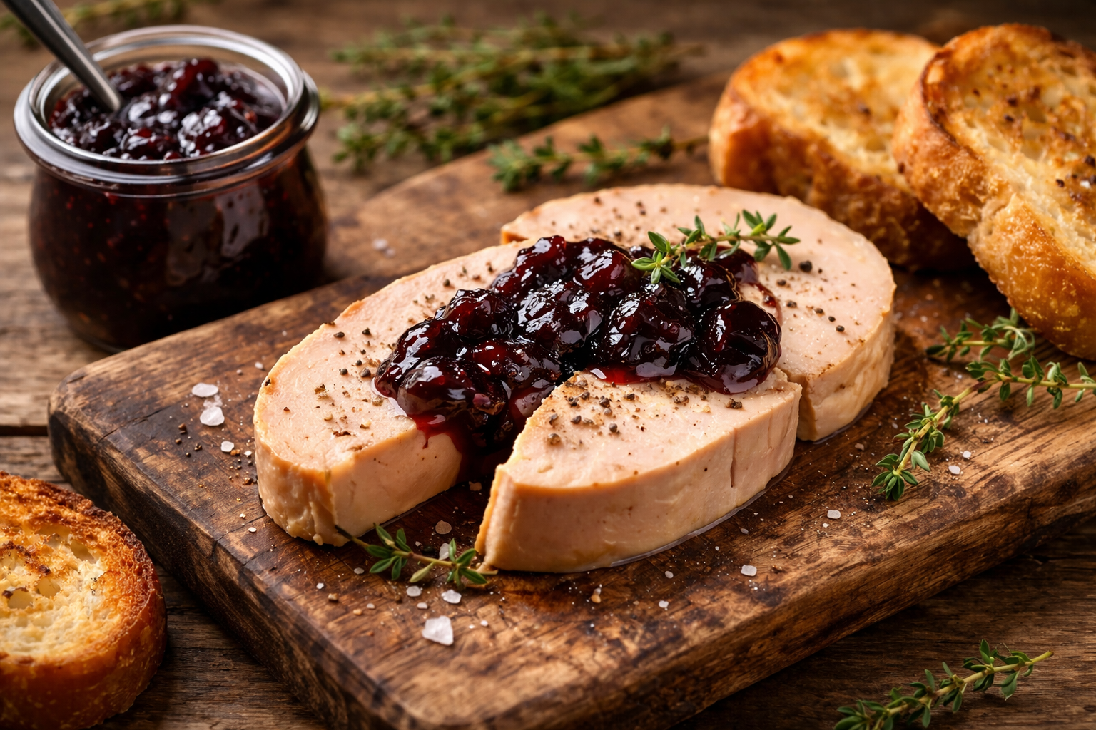 Quelle confiture avec le foie gras ? Foie gras de canard accompagné d’une confiture de cerises noires sur pain grillé.