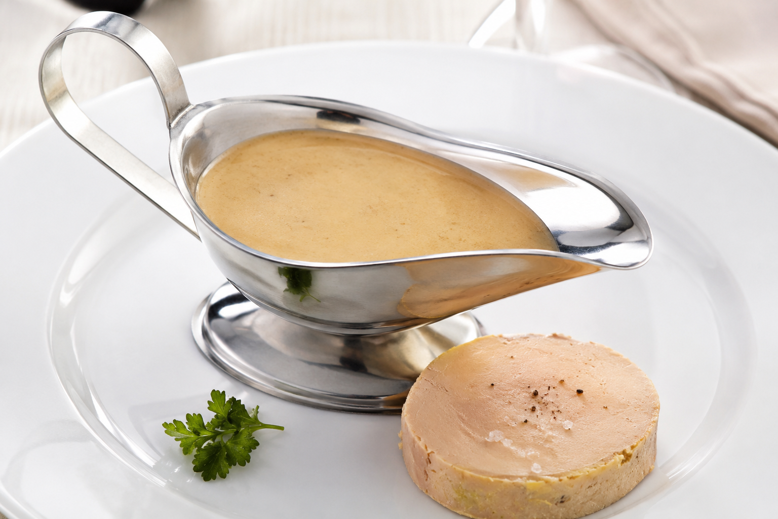 Sauce foie gras maison servie dans une saucière en inox avec un médaillon de foie gras sur assiette blanche Titre de l’image