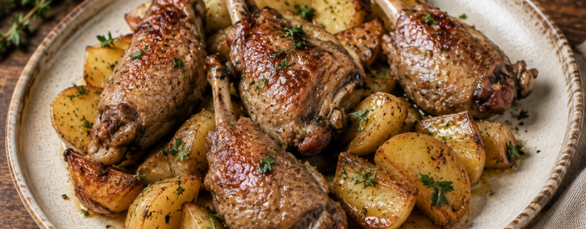 Manchons de canard confits accompagnés de pommes de terre dorées à la graisse de canard.