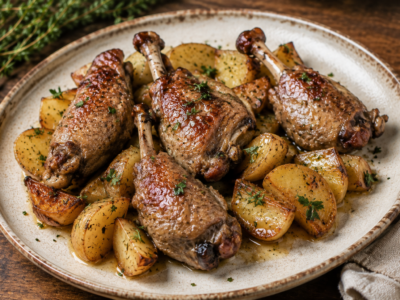 Manchons de canard confits accompagnés de pommes de terre dorées à la graisse de canard.