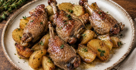 Manchons de canard confits accompagnés de pommes de terre dorées à la graisse de canard.