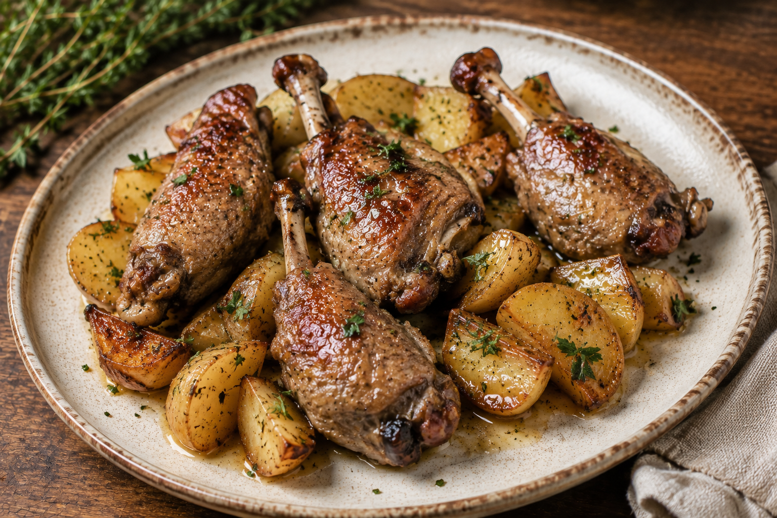 Manchons de canard confits accompagnés de pommes de terre dorées à la graisse de canard.