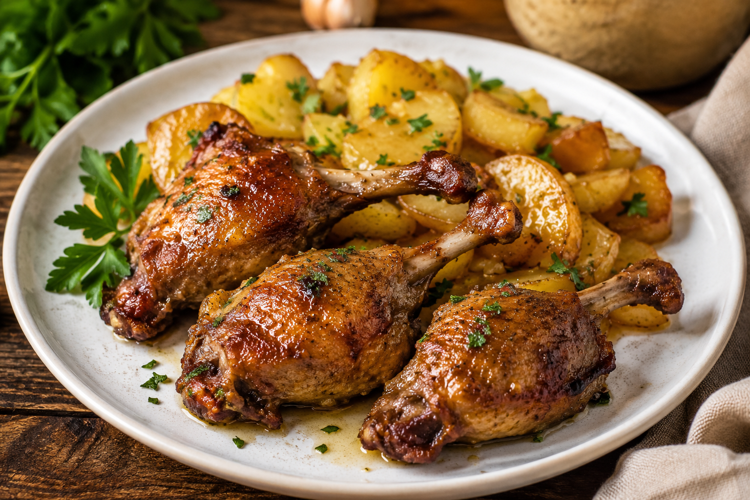 Manchons de canard confits accompagnés de pommes de terre dorées à la graisse de canard.